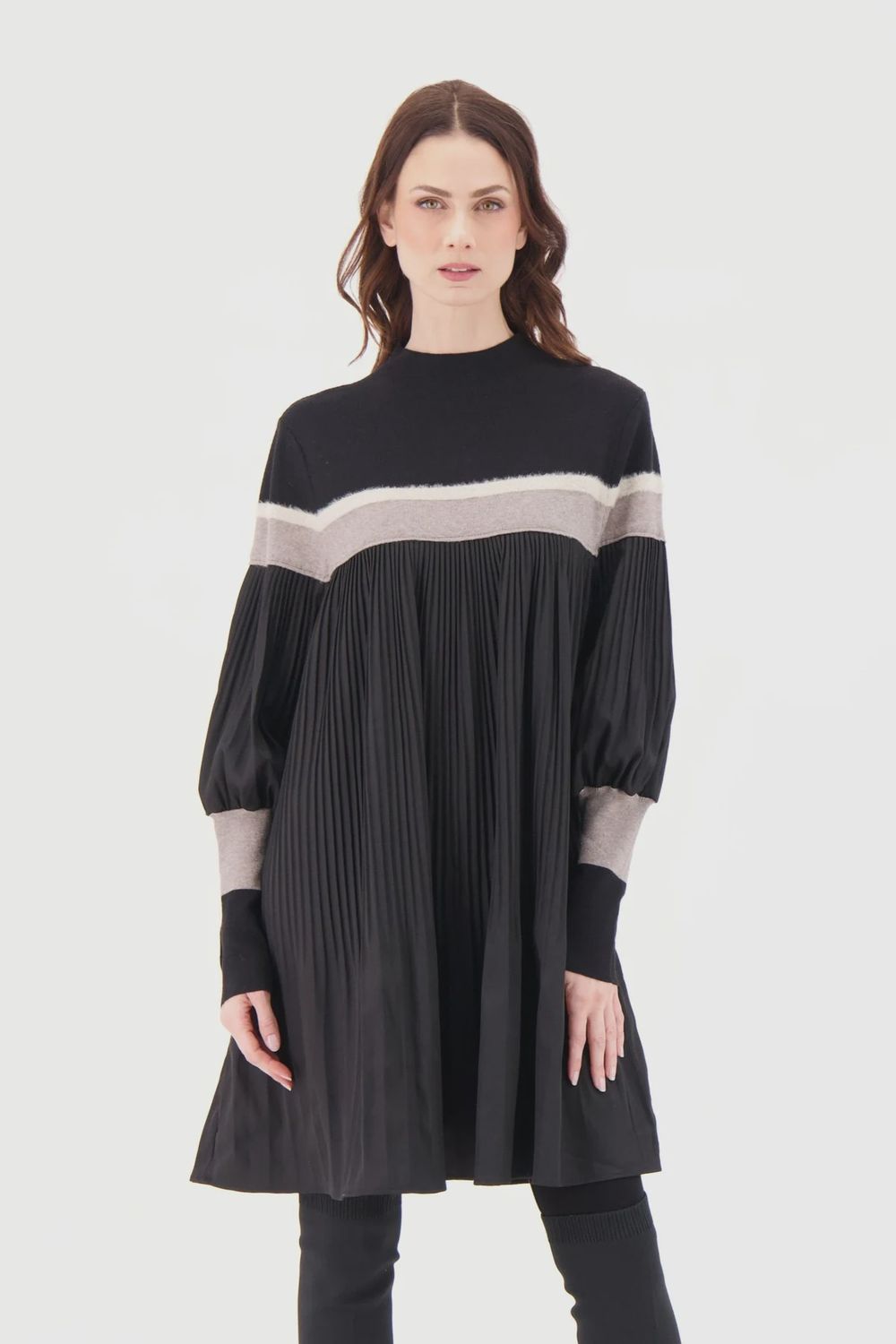 STRIPED PLEATED TUNIC DRESS