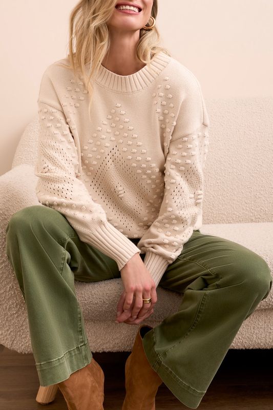 TEXTURED LONG PUFF SLEEVE COTTON SWEATER
