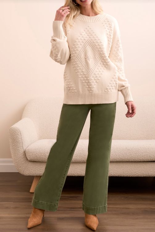 TEXTURED LONG PUFF SLEEVE COTTON SWEATER