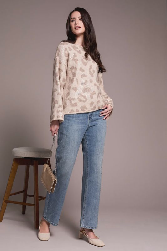 SEQUIN ANIMAL PRINT CREW NECK JACQUARD SWEATER