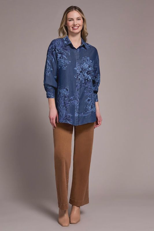 TENCEL PRINTED BUTTON-UP CHAMBRAY BLOUSE