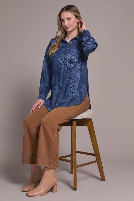 TENCEL PRINTED BUTTON-UP CHAMBRAY BLOUSE