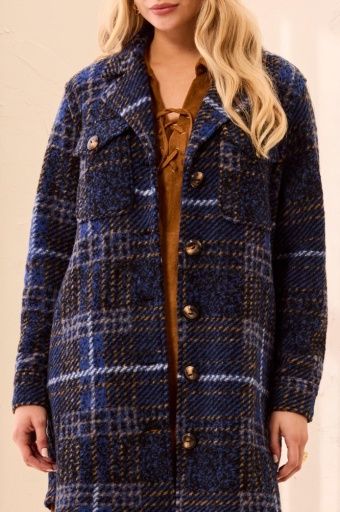 KNIT PLAID NOTCH COLLAR SHACKET-ELECTRIC BLUE