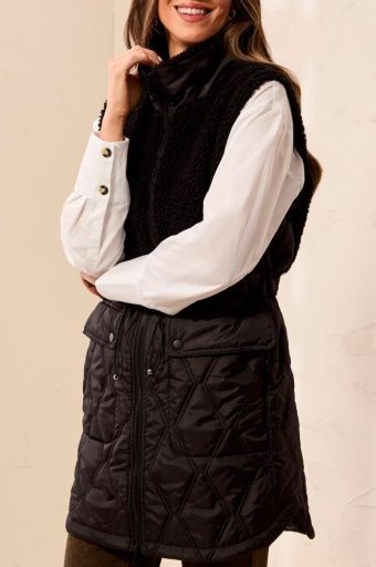SLEEVELESS MIX MEDIA QUILTED SHERPA VEST-BLACK