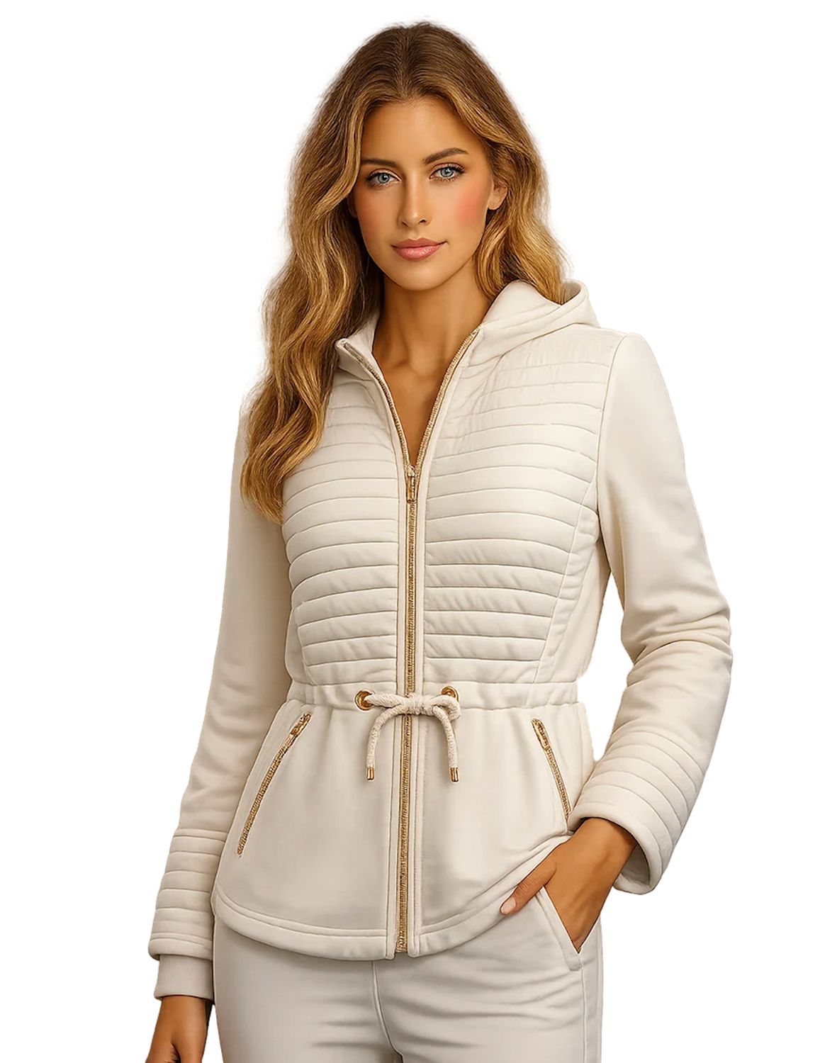 CREAM TEXTURED ZIP-UP WITH TIE