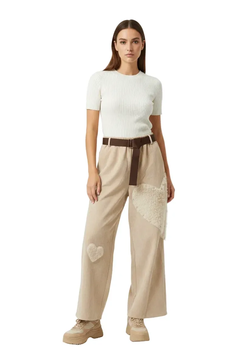 BEIGE FAUX FUR HEART PANT