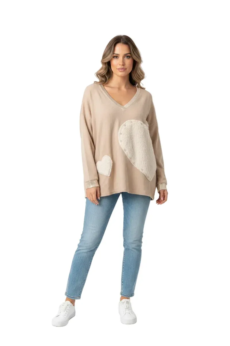 BEIGE FAUX FUR HEART TOP