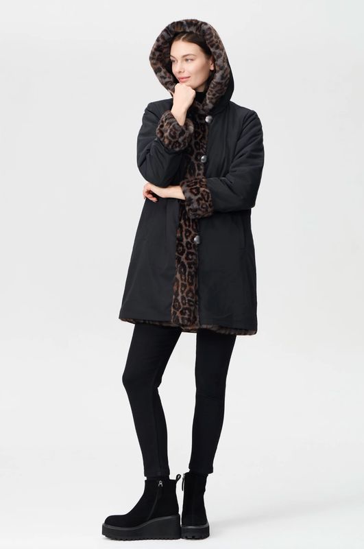 REVERSIBLE ANIMAL PRINT FAUX FUR COAT