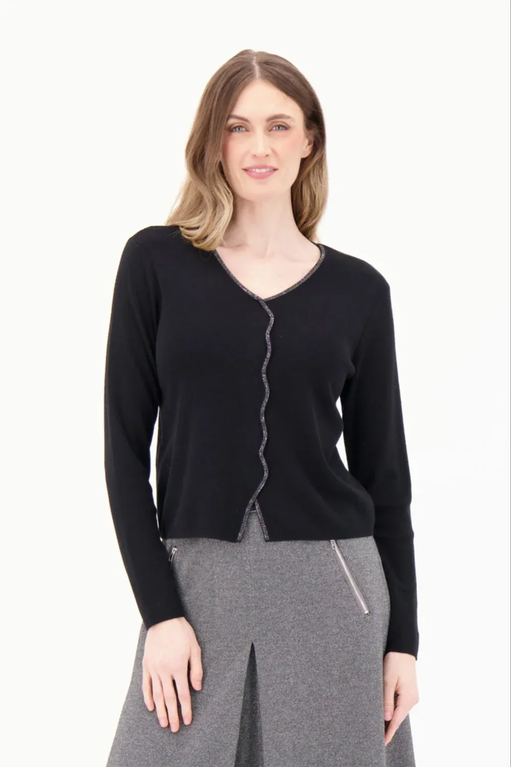 SCALLOP RHINESTONE FRONT V-NECK FINE KNIT SWEATER