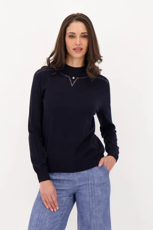 MOCK NECK SWEATER WIITH NECKLINE HOT FIX BEADS