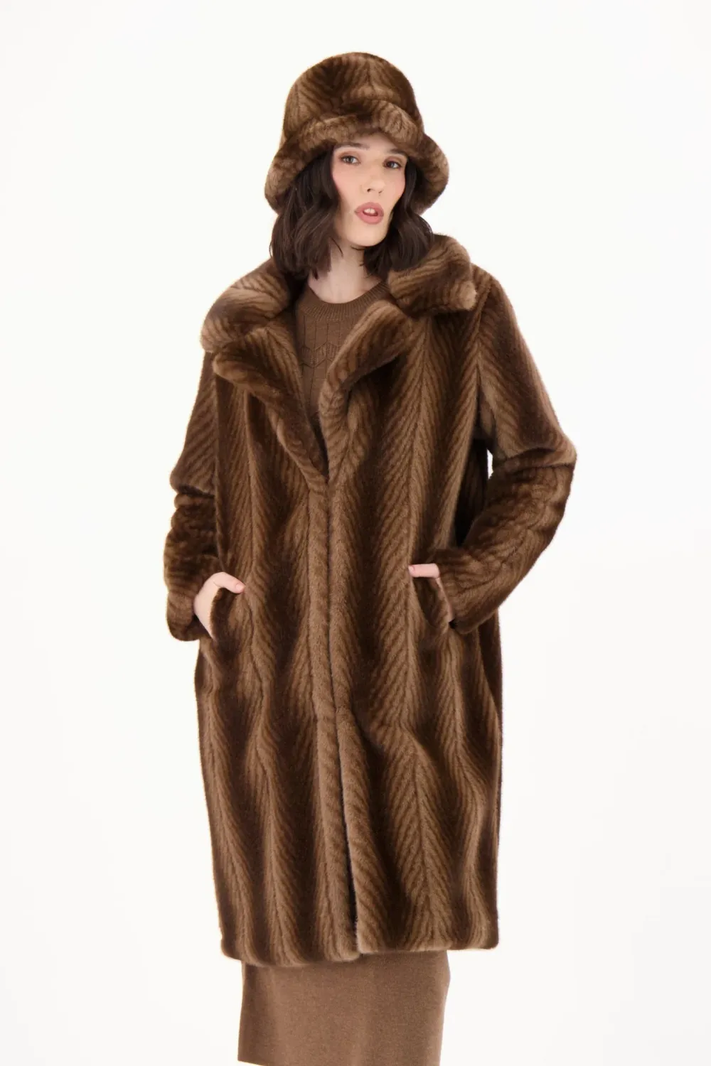 HERRINGBONE FAUX FUR COAT