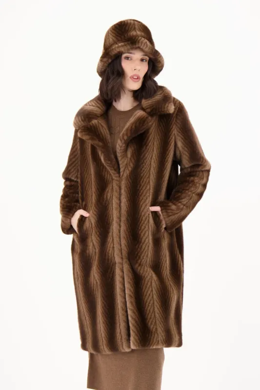 HERRINGBONE FAUX FUR COAT