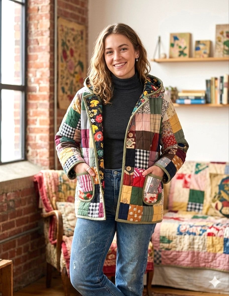 Kurtka patchworkowa pikowana z kapturem