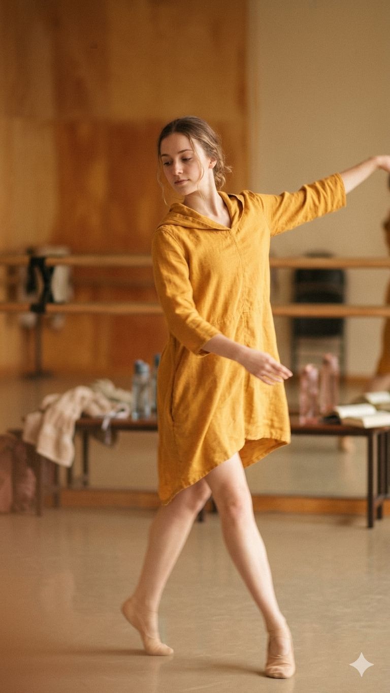 Tunika lniana z kapturem żółta musztardowa