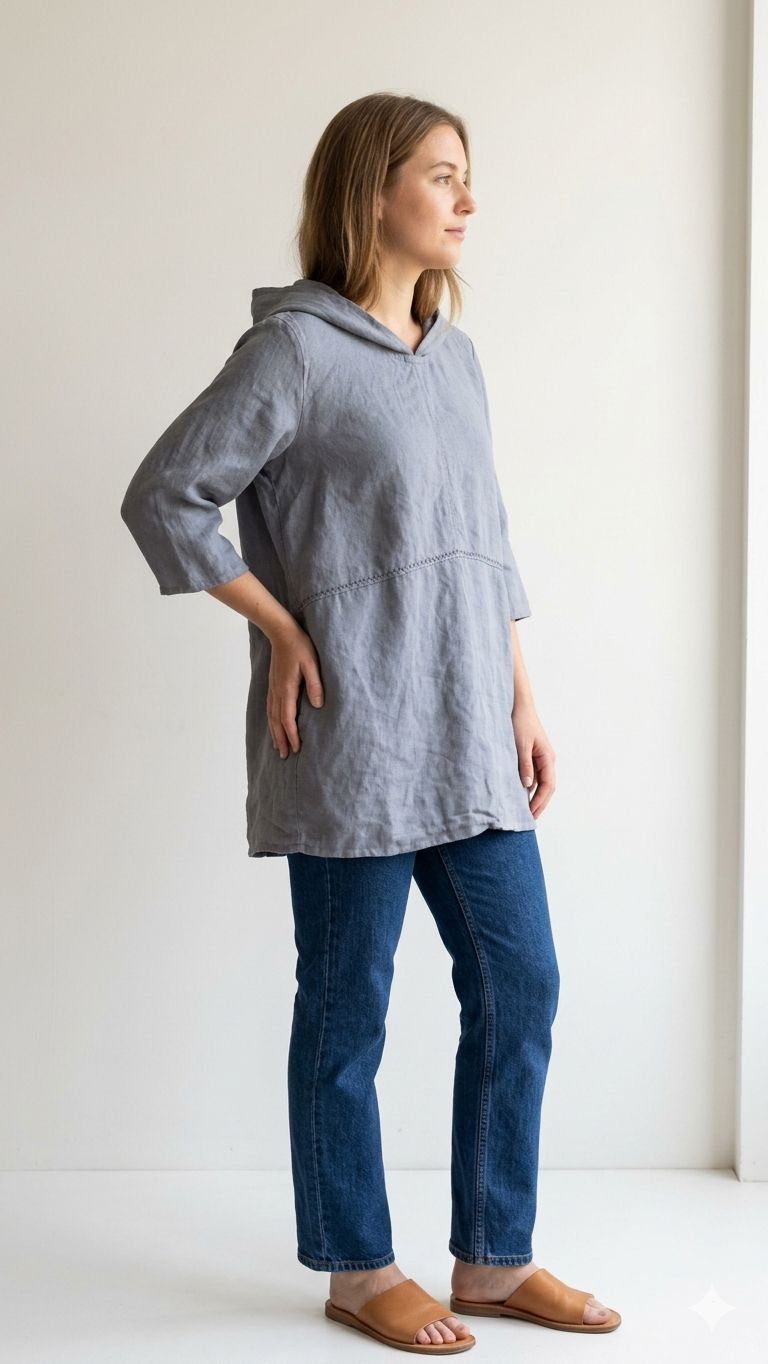 Tunika lniana z kapturem sprany niebieski
