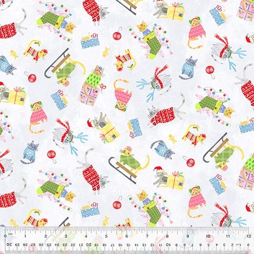 Windham Fabrics Happy Pawlidays by Jill McDonald Meowy Christmas 53549 3 White