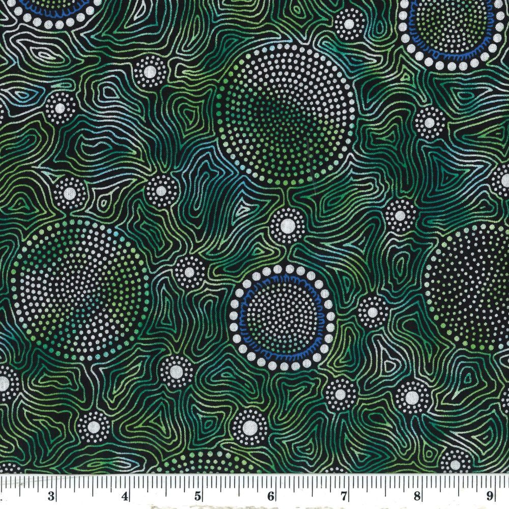 M&amp;S Textiles Australia Wild Bush Flowers Dreaming WBFDG Green