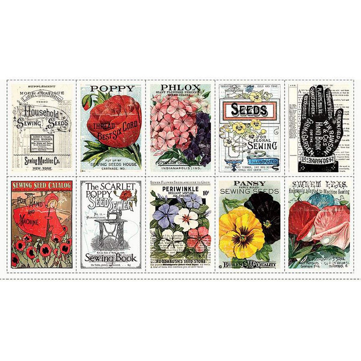 Riley Blake Designs Sewing Seeds III Seed Catalog Patch Panel PD15682-Panel