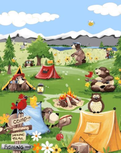 Clothworks Barron Goes Camping  Panel SB20452-850 Grass Green