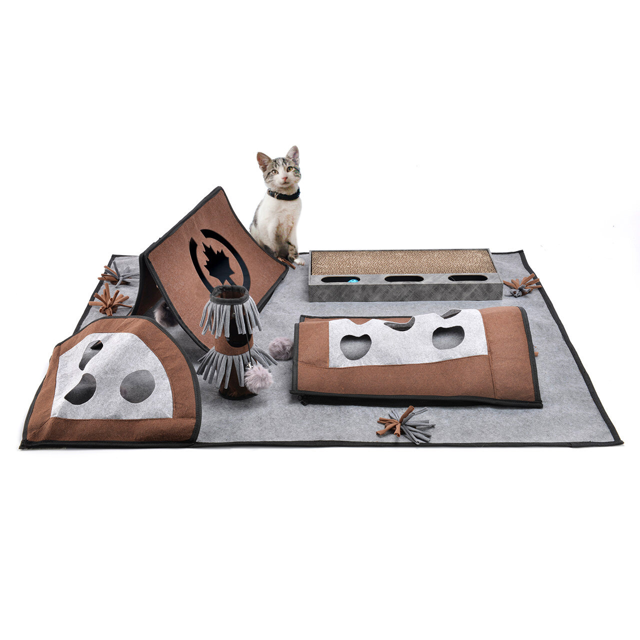 Spielteppich XXL für Katzen 90 x 110 cm Katzenspielteppich COLEEN · grau/braun