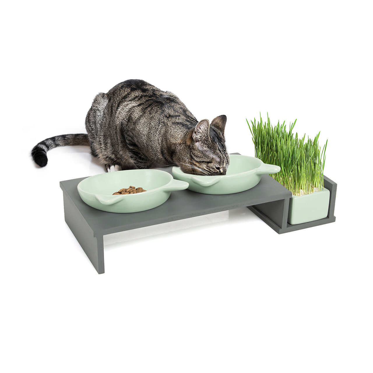 Futterbar Cat Diner in grau mit drei mintgrünen Keramikschalen