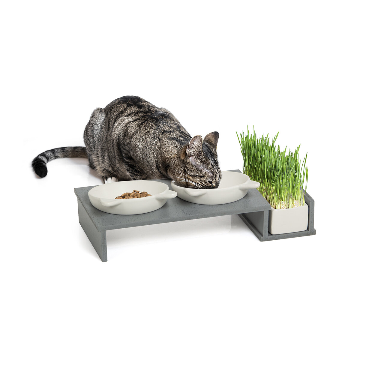 Futterbar Cat Diner in Betonoptik · mit drei Keramikschalen