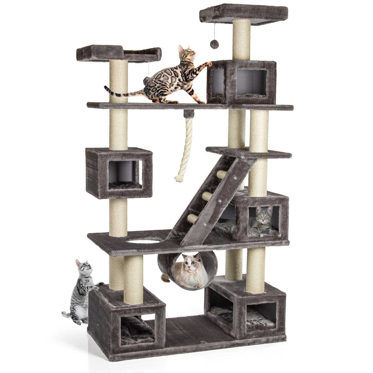 Kratzbaum Logan · XXL Katzen-Kletterparadies mit 5 Katzenhöhlen · grau · ca. 121 x 60 x 229 cm