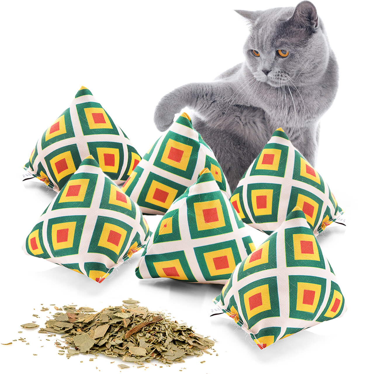 Schmusekissen 6er Set Schmuse-Pyramide XL Reggae Karo mit Katzenminze, Katzenkissen, interaktives Katzenspielzeug