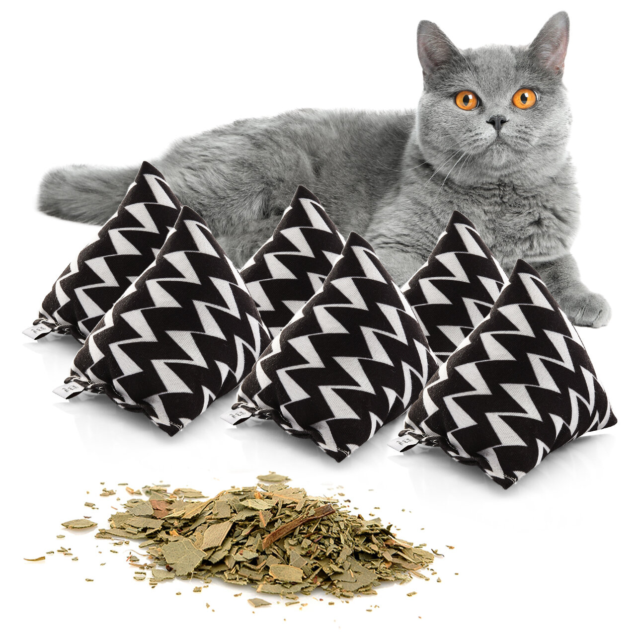 Schmusekissen 6er Set Schmuse-Pyramide XL Zig-Zag mit Katzenminze, Katzenkissen, interaktives Katzenspielzeug