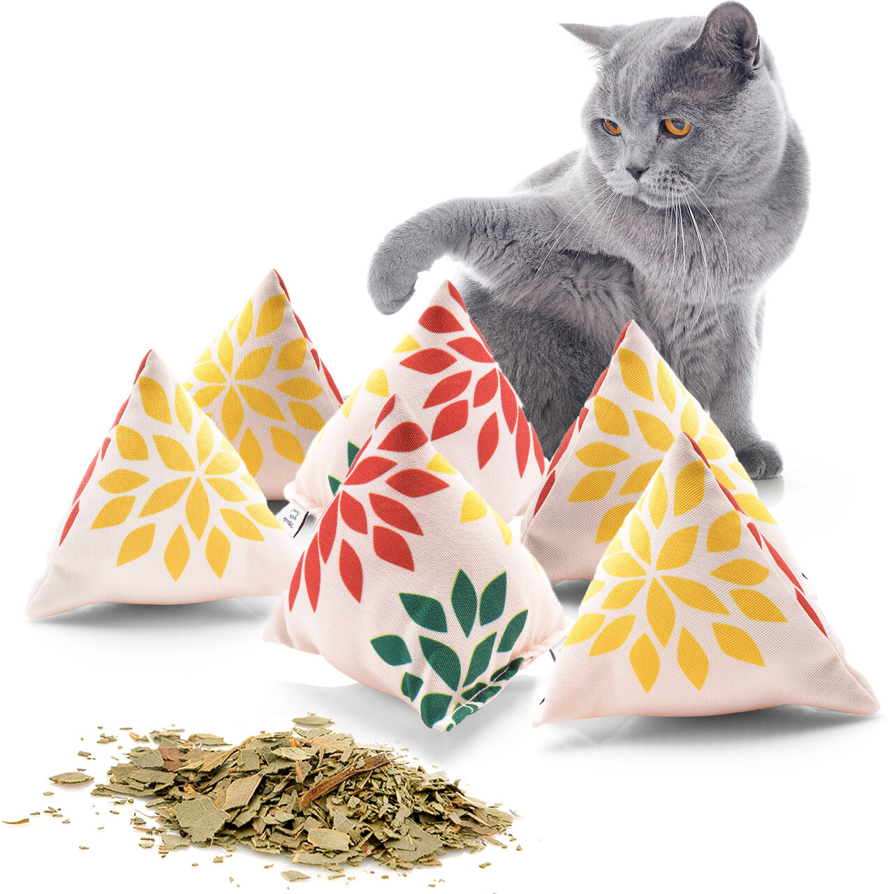 Schmusekissen 6er Set Schmuse-Pyramide XL Reggae Flower mit Katzenminze, Katzenkissen, interaktives Katzenspielzeug