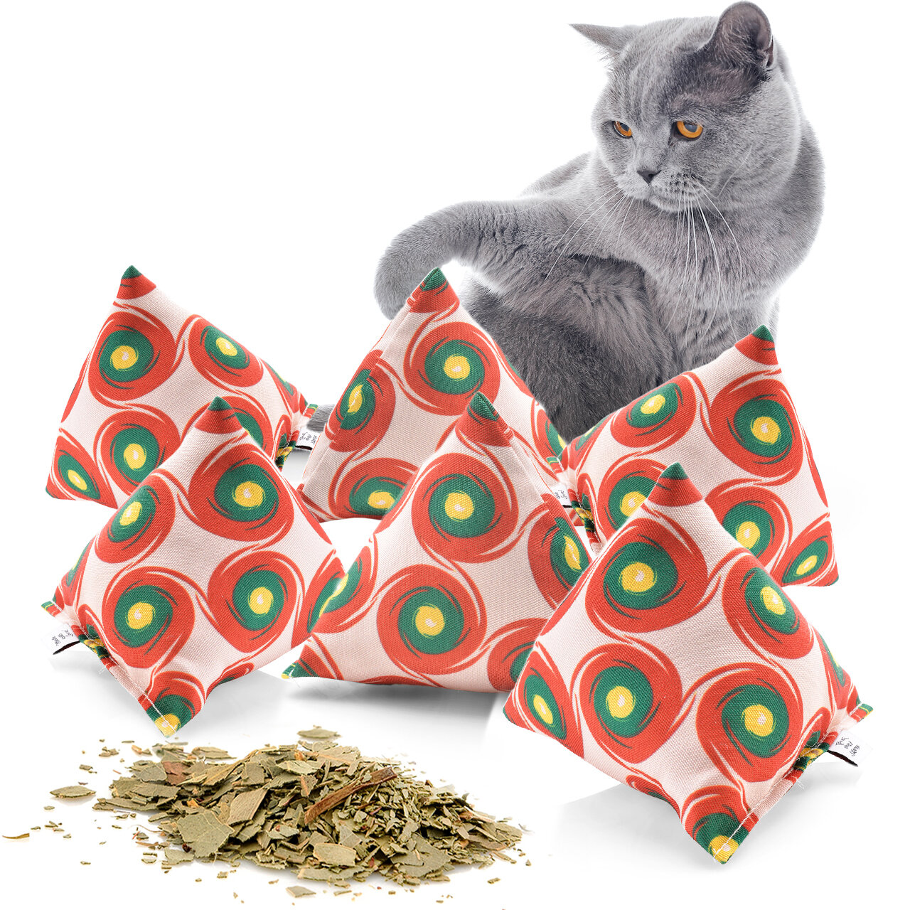 Schmusekissen 6er Set Schmuse-Pyramide XL Reggae Dot mit Katzenminze, Katzenkissen, interaktives Katzenspielzeug