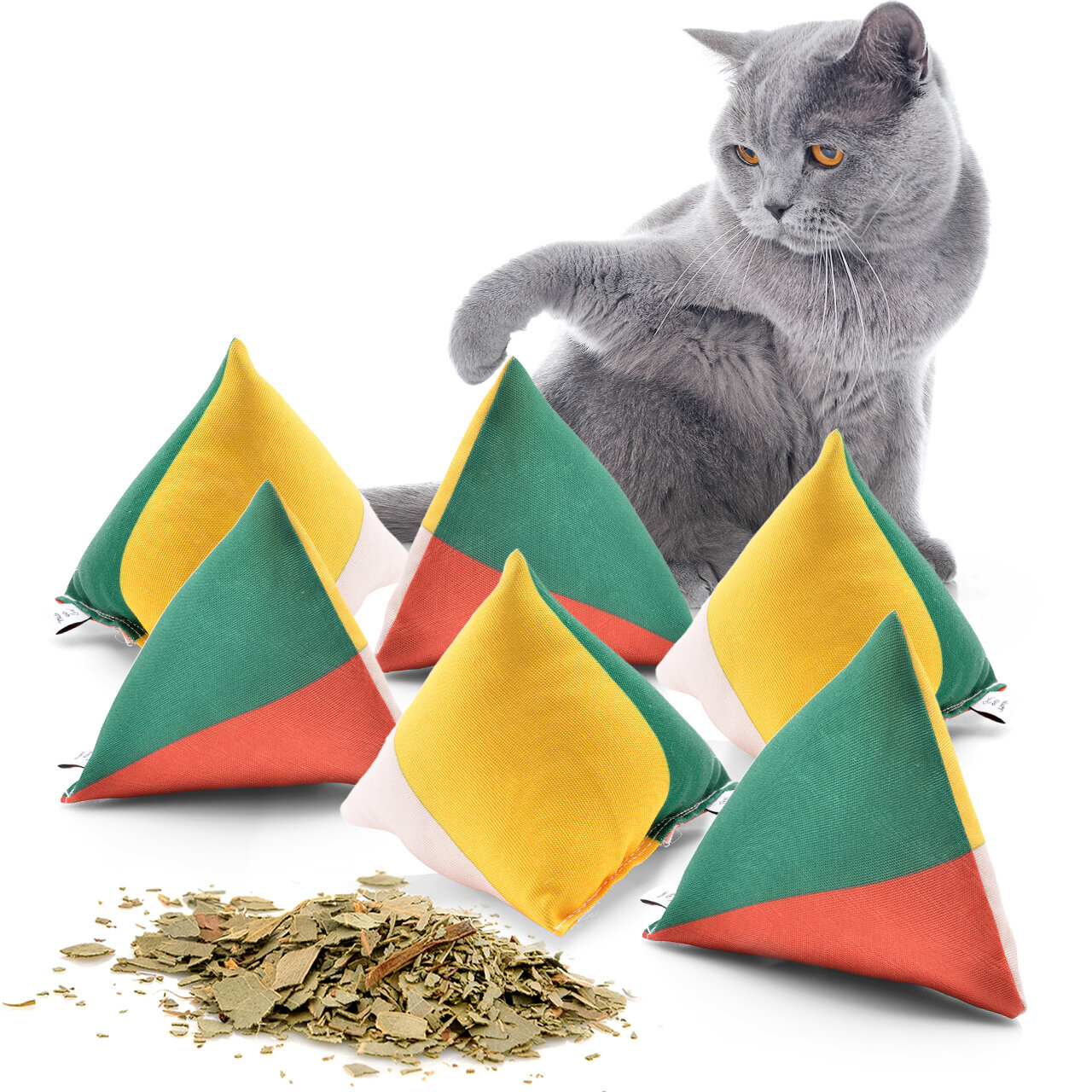 Schmusekissen 6er Set Schmuse-Pyramide XL Reggae 4-Color mit Katzenminze, Katzenkissen, interaktives Katzenspielzeug