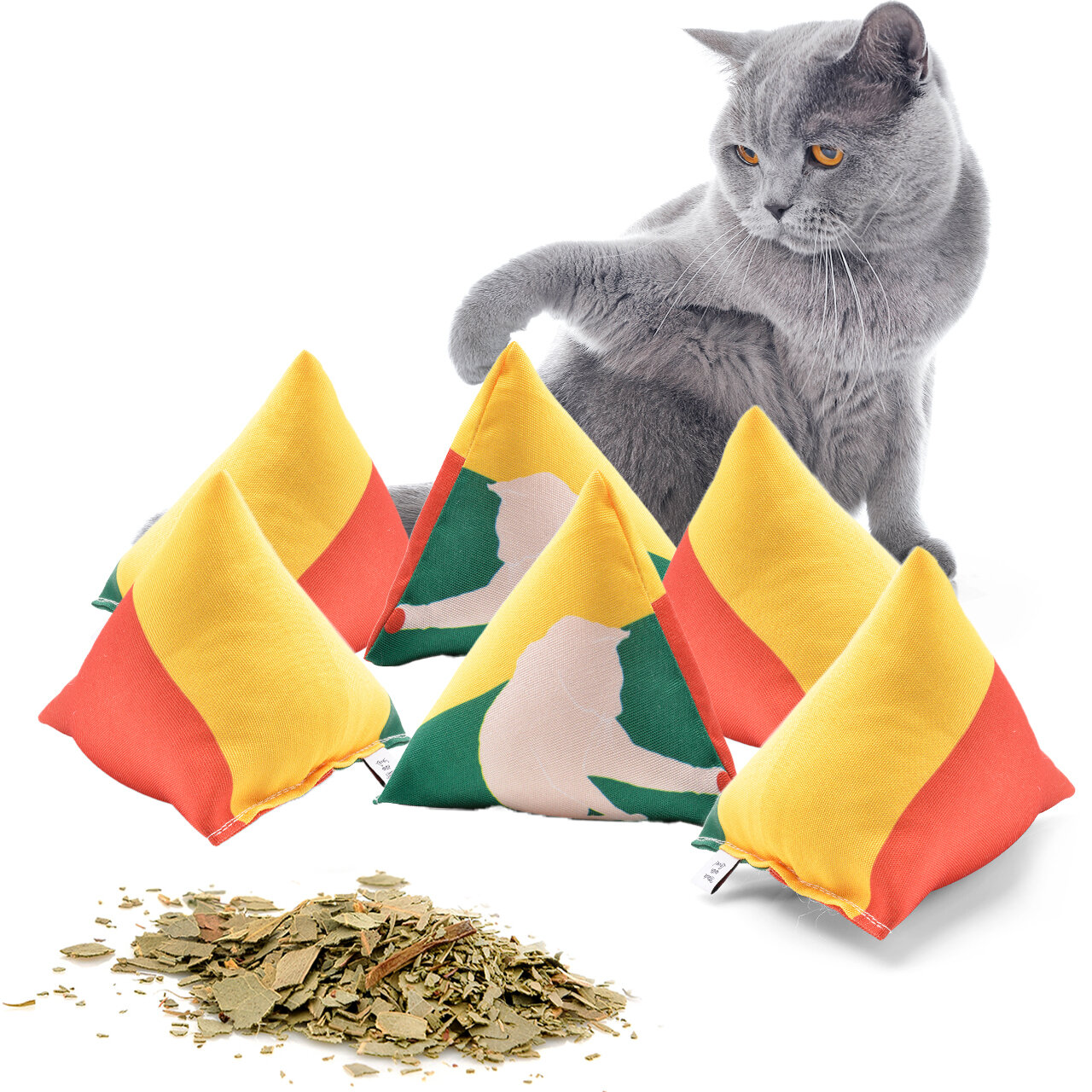 Schmusekissen 6er Set Schmuse-Pyramide XL Reggae 3-Color mit Katzenminze, Katzenkissen, interaktives Katzenspielzeug