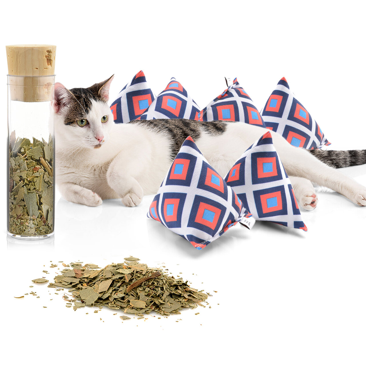 Schmusekissen 6er Set Schmuse-Pyramide XL Nordic Karo mit Katzenminze, Katzenkissen, interaktives Katzenspielzeug