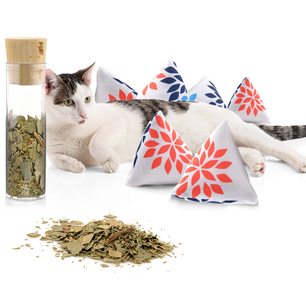 Schmusekissen 6er Set Schmuse-Pyramide XL Nordic Flower mit Katzenminze, Katzenkissen, interaktives Katzenspielzeug