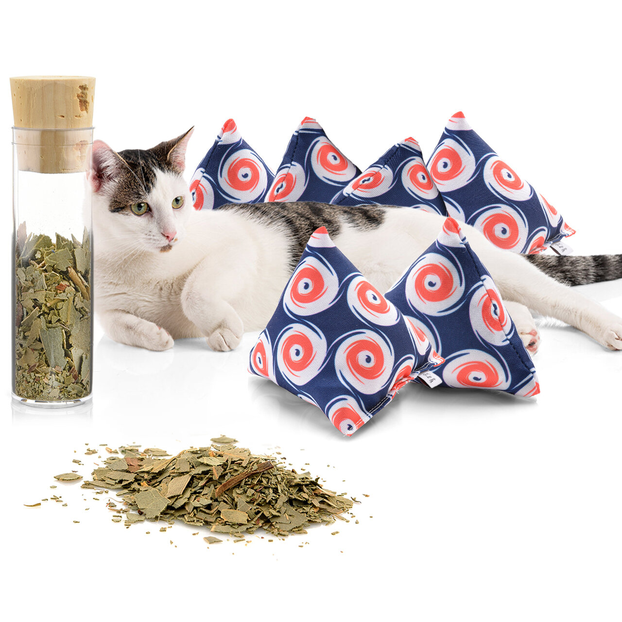 Schmusekissen 6er Set Schmuse-Pyramide XL Nordic Dot mit Katzenminze, Katzenkissen, interaktives Katzenspielzeug