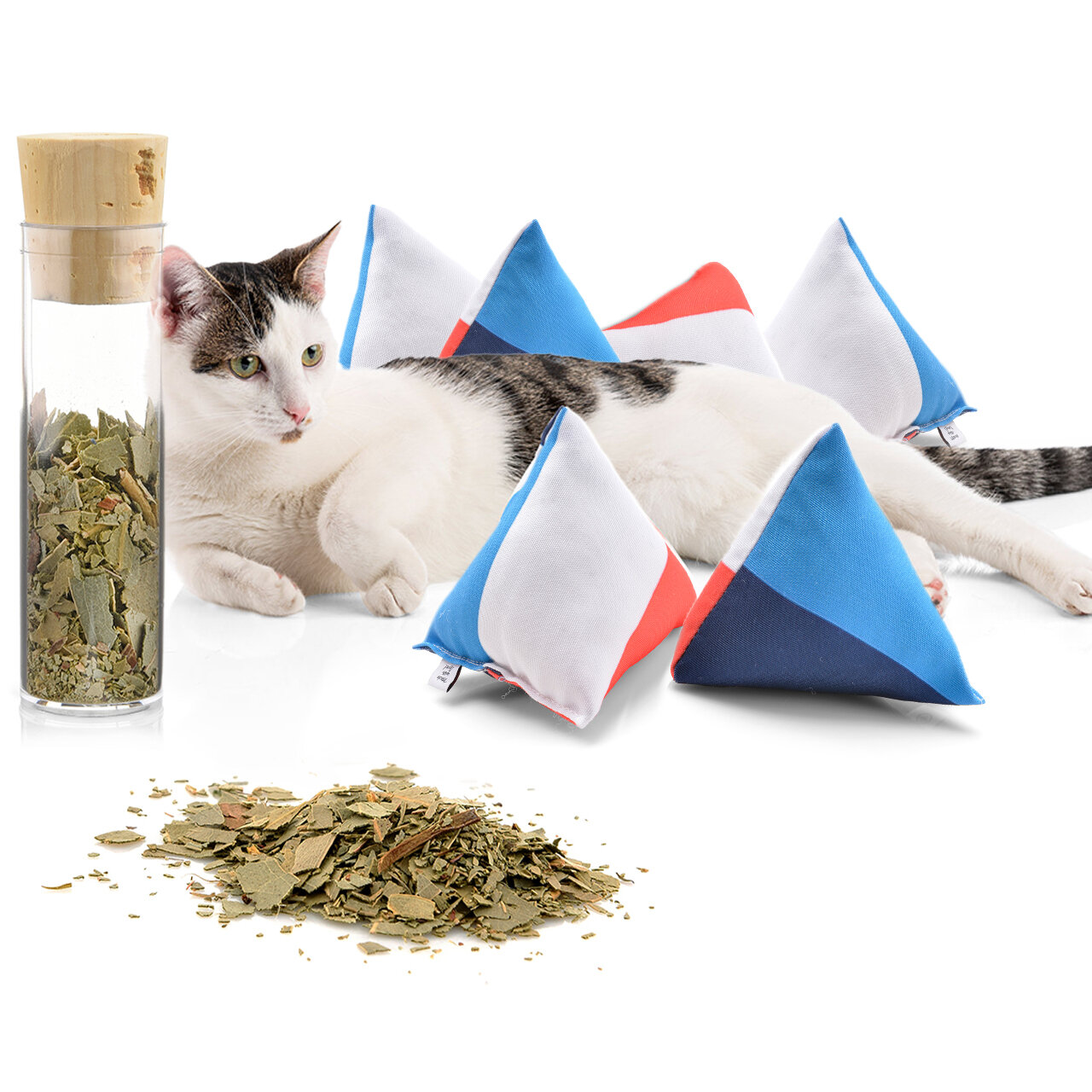 Schmusekissen 6er Set Schmuse-Pyramide XL Nordic 4-Color mit Katzenminze, Katzenkissen, interaktives Katzenspielzeug