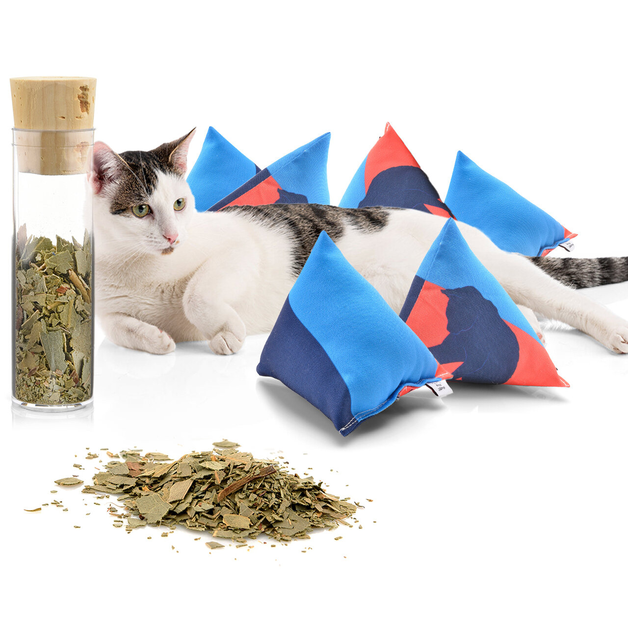 Schmusekissen 6er Set Schmuse-Pyramide XL Nordic 3-Color mit Katzenminze, Katzenkissen, interaktives Katzenspielzeug