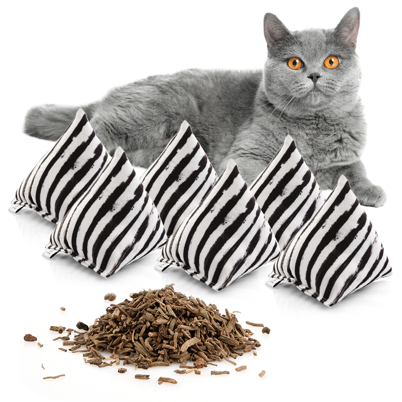 Schmusekissen 6er Set Schmuse-Pyramide XL Zebra mit Baldrian für Katzen, Katzenkissen, interaktives Katzenspielzeug