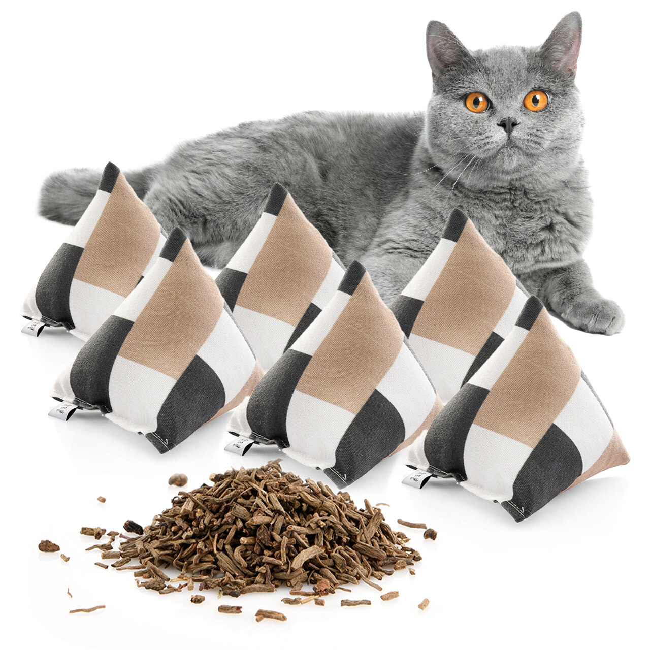 Schmusekissen 6er Set Schmuse-Pyramide XL Karo mit Baldrian, Katzenkissen, interaktives Katzenspielzeug