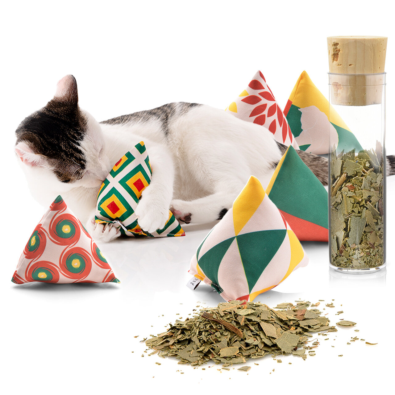 Katzen Schmusekissen- &amp; Spielkissen Pyramiden XL 6 Set Reggae Design, Katzenminze, nachfüllbare Katzen Pyramiden-Kissen, 6er Schmusekissen-Set