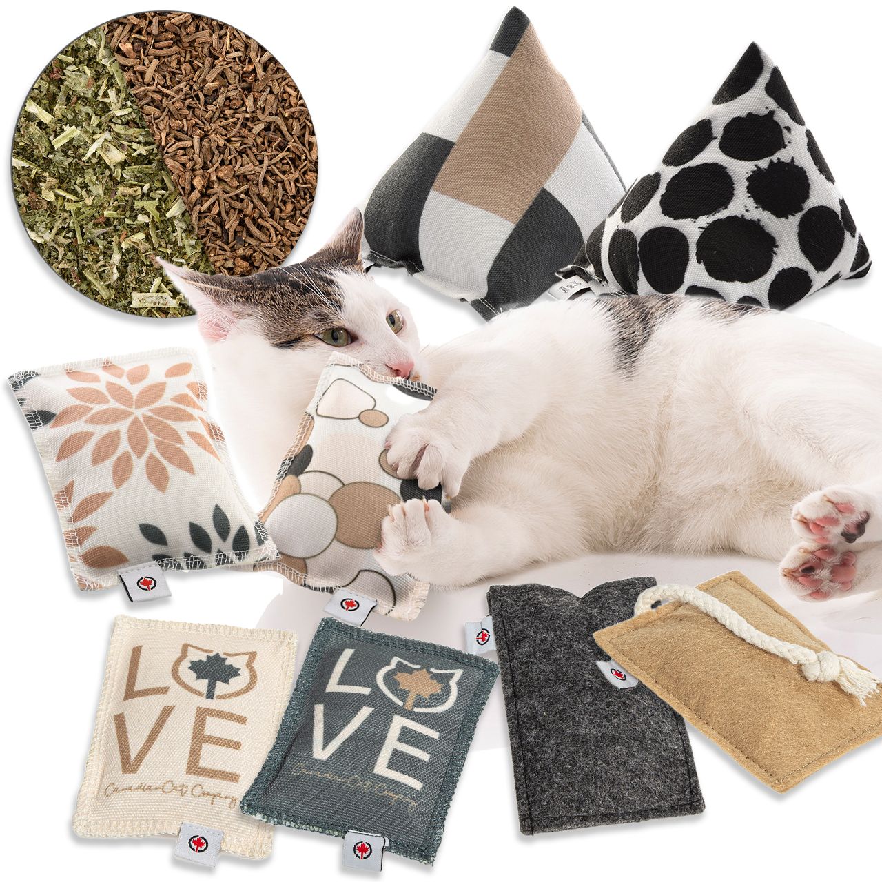 Katzen Schmusekissen- &amp; Spielkissen Pyramiden XL Set, Katzenminze &amp; Baldrian Kräuterfüllung, nachfüllbare Katzen Pyramiden-Kissen, 8er Schmusekissen-Set