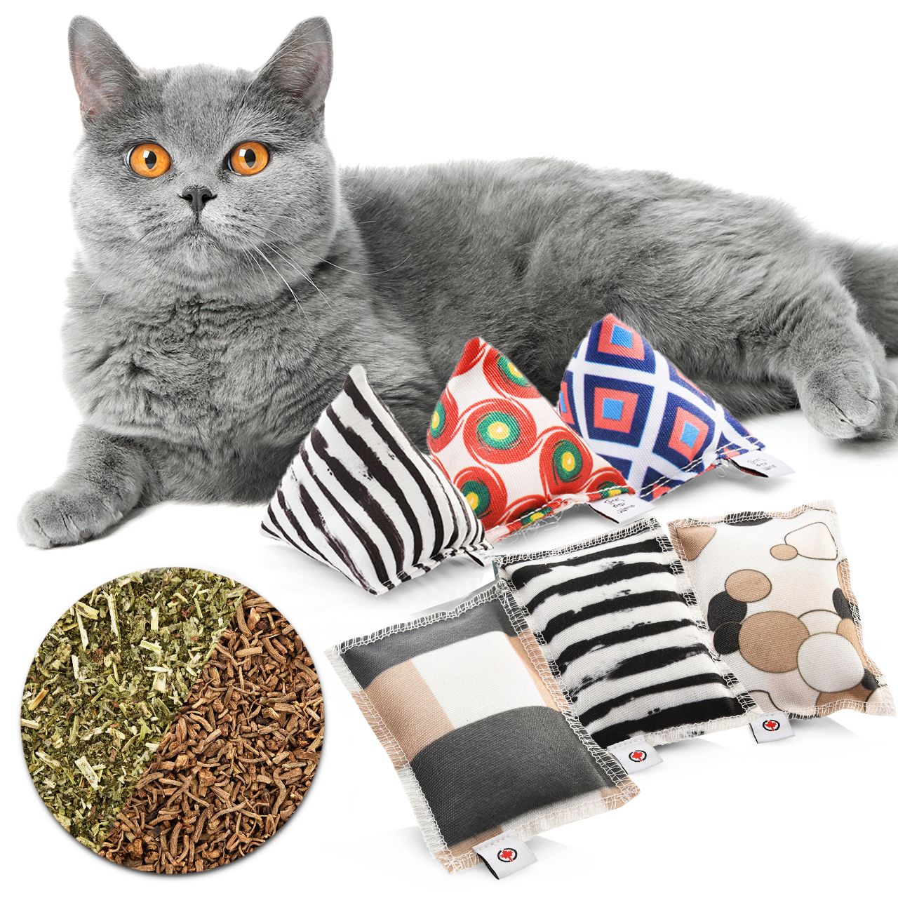 Katzen Spielkissen Set, 3 Schmusekissen- &amp; 3 Mini Pyramiden Set, Katzenminze Kräuterfüllung, Mini Pyramiden-Kissen, 6er Schmusekissen-Set