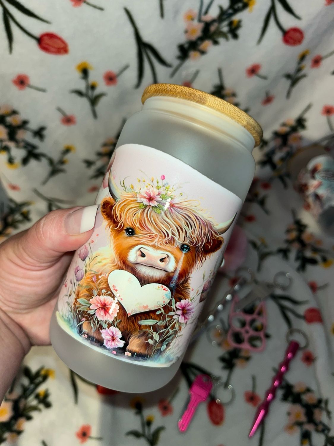 Cow Glass Cup With Lid And Straw