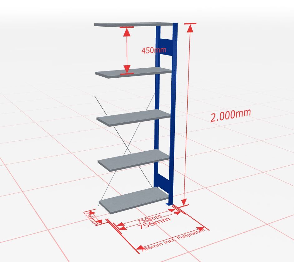 Aanbouwstelling | H: 2000 D: 300 B: 750 mm | 5010 | 150 kg