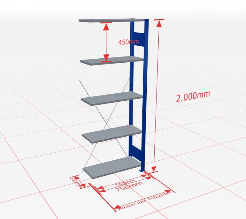 Aanbouwstelling | H: 2000 D: 300 B: 750 mm | 5010 | 150 kg