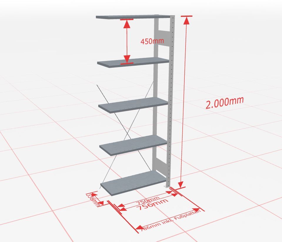 Aanbouwstelling | H: 2000 D: 300 B: 750 mm | 7035 | 150 kg