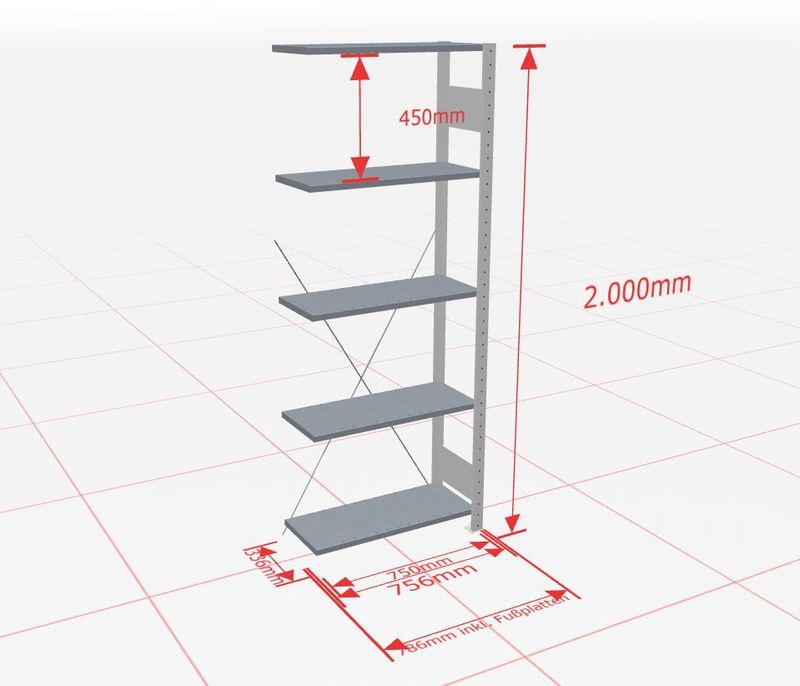 Aanbouwstelling | H: 2000 D: 300 B: 750 mm | 7035 | 150 kg