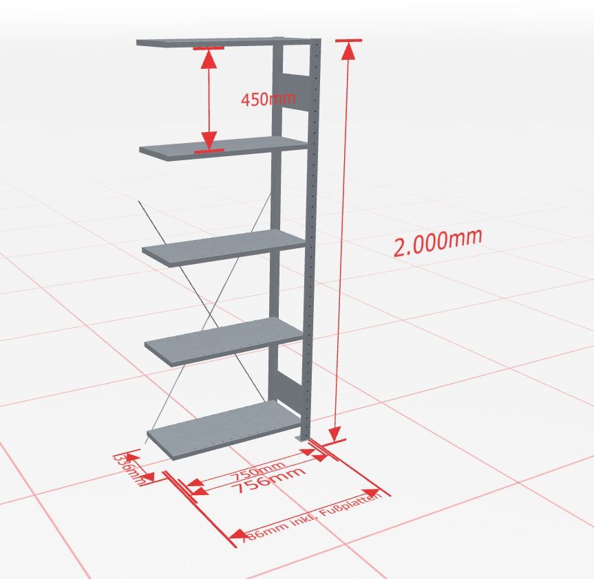 Aanbouwstelling | H: 2000 D: 300 B: 750 mm | verzinkt | 150 kg