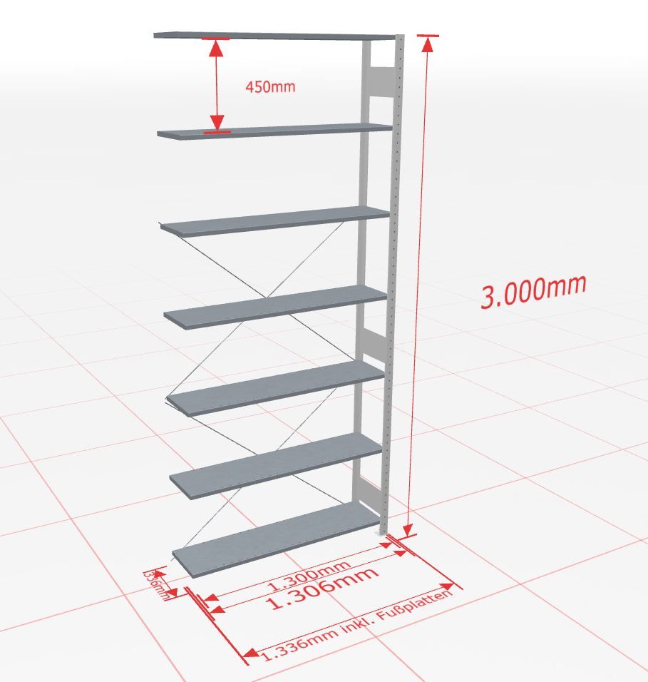 Aanbouwstelling | H: 3000 D: 300 B: 1300 mm | 7035 | 150 kg